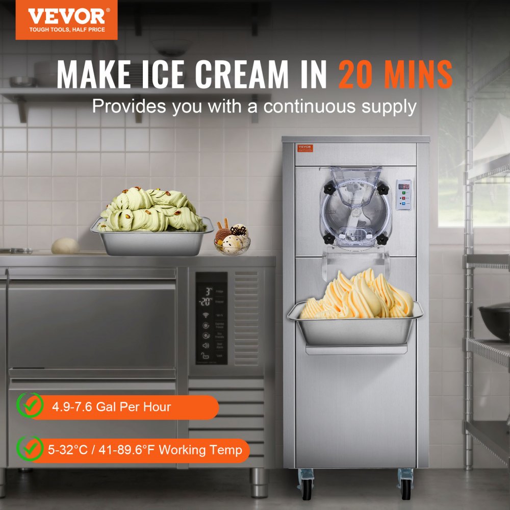 Commercial Ice Cream Machine, 18 L/H Yield, 1780W Single Flavor Hard Serve Ice Cream Maker with Wheels, 6L Stainless Steel Cylinder, LED Panel Auto Clean Pre-cooling, for Restaurant Snack Bars