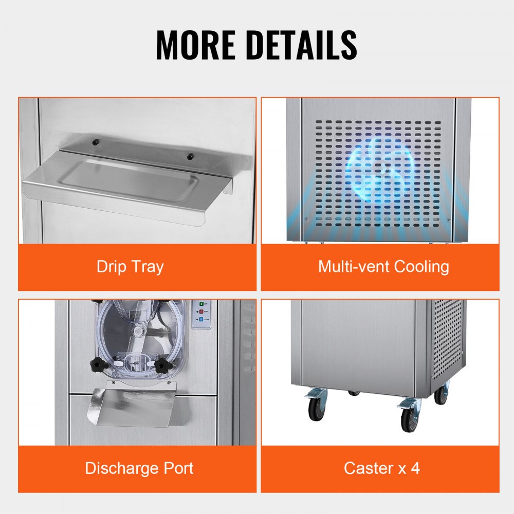 Commercial Ice Cream Machine, 18 L/H Yield, 1780W Single Flavor Hard Serve Ice Cream Maker with Wheels, 6L Stainless Steel Cylinder, LED Panel Auto Clean Pre-cooling, for Restaurant Snack Bars