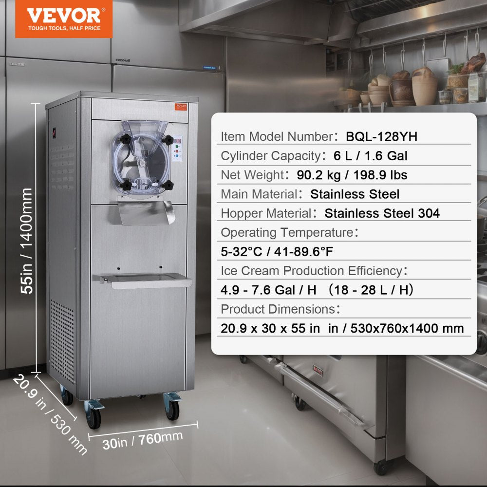 Commercial Ice Cream Machine, 18 L/H Yield, 1780W Single Flavor Hard Serve Ice Cream Maker with Wheels, 6L Stainless Steel Cylinder, LED Panel Auto Clean Pre-cooling, for Restaurant Snack Bars
