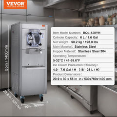 Commercial Ice Cream Machine, 18 L/H Yield, 1780W Single Flavor Hard Serve Ice Cream Maker with Wheels, 6L Stainless Steel Cylinder, LED Panel Auto Clean Pre-cooling, for Restaurant Snack Bars