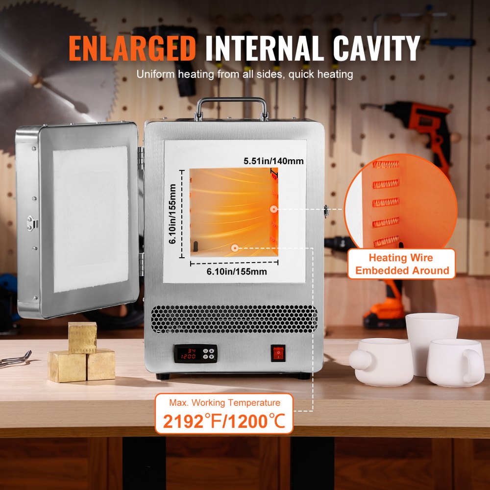 Electric Kiln, 1500W Electric Melting Furnace, Max Temperature 2192℉/1200℃, Stainless Steel Electric Furnace for Wax Casting, Metal Clay DIY, Metal Tempering , Glazing on Pottery