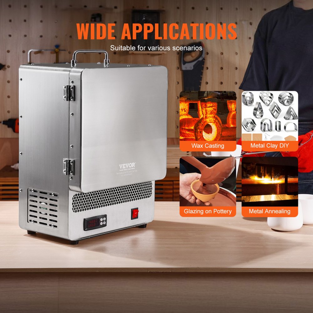 Electric Kiln, 1500W Electric Melting Furnace, Max Temperature 2192℉/1200℃, Stainless Steel Electric Furnace for Wax Casting, Metal Clay DIY, Metal Tempering , Glazing on Pottery