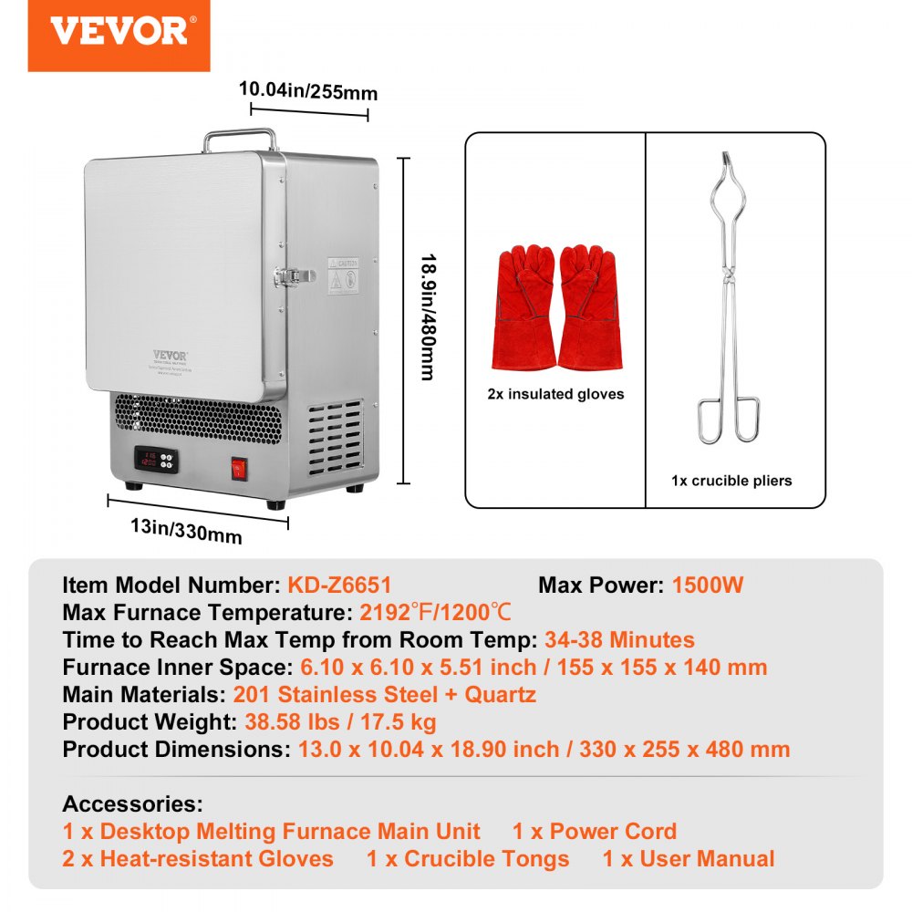 Electric Kiln, 1500W Electric Melting Furnace, Max Temperature 2192℉/1200℃, Stainless Steel Electric Furnace for Wax Casting, Metal Clay DIY, Metal Tempering , Glazing on Pottery
