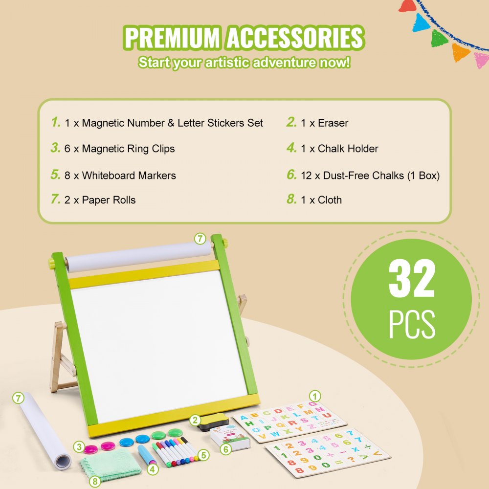 3-in-1 Tabletop Kids Art Easel Double-Sided Magnetic Whiteboard Chalkboard
