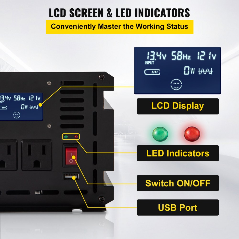 Power Inverter, 2500W Modified Sine Wave Inverter, DC 12V to AC 120V Car Converter, with LCD Display, Remote Controller, LED Indicator, AC Outlets Inverter for Truck RV Car Boat Travel Camping
