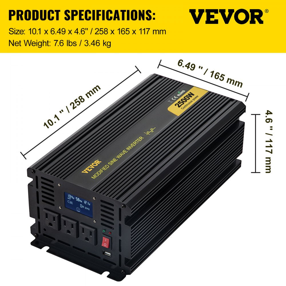 Power Inverter, 2500W Modified Sine Wave Inverter, DC 12V to AC 120V Car Converter, with LCD Display, Remote Controller, LED Indicator, AC Outlets Inverter for Truck RV Car Boat Travel Camping