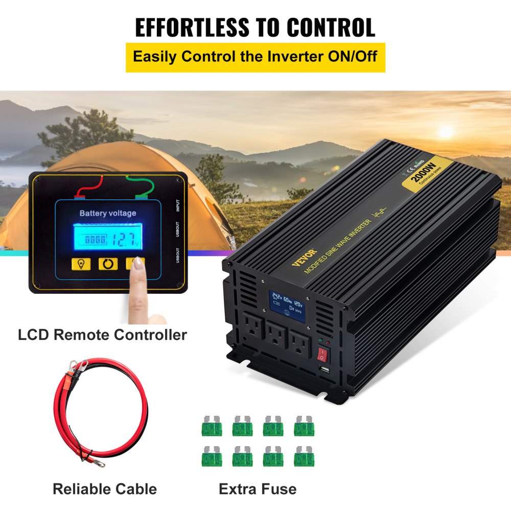Power Inverter, 2000W Modified Sine Wave Inverter, DC 12V to AC 120V Car Converter, with LCD Display, Remote Controller, LED Indicator, AC Outlets Inverter for Truck RV Car Boat Travel Camping