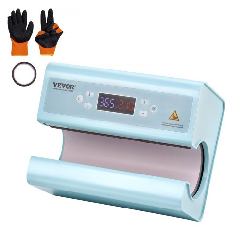Blue Bostome Auto Tumbler Heat Press Machine with digital display, tumbler holder, and included gloves and seals.