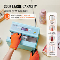 Blue Bostome auto tumbler heat press machine with digital display, pressing a mug while wearing orange gloves, shown with compatible 11-30oz tumblers and bottles.