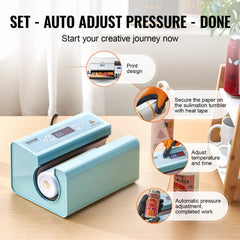 Blue Bostome auto tumbler heat press machine for 11-30oz sublimation cups with digital controls and paper roll.