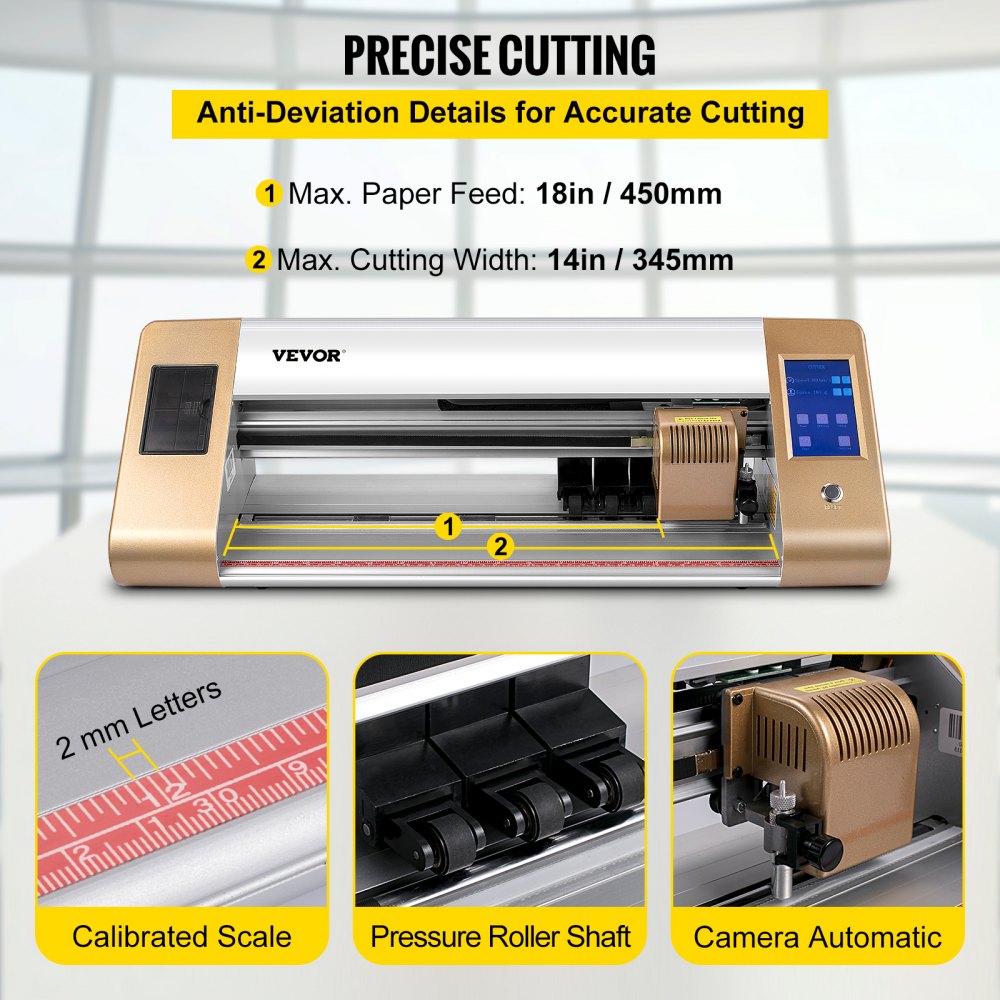 Bostome 18-inch vinyl cutter plotter with automatic camera contour cutting, 18-inch max feed, and 14-inch cutting width.