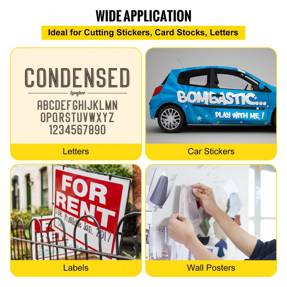 Bostome 18in vinyl cutter plotter with condensed font samples, car stickers, labels, and wall posters.