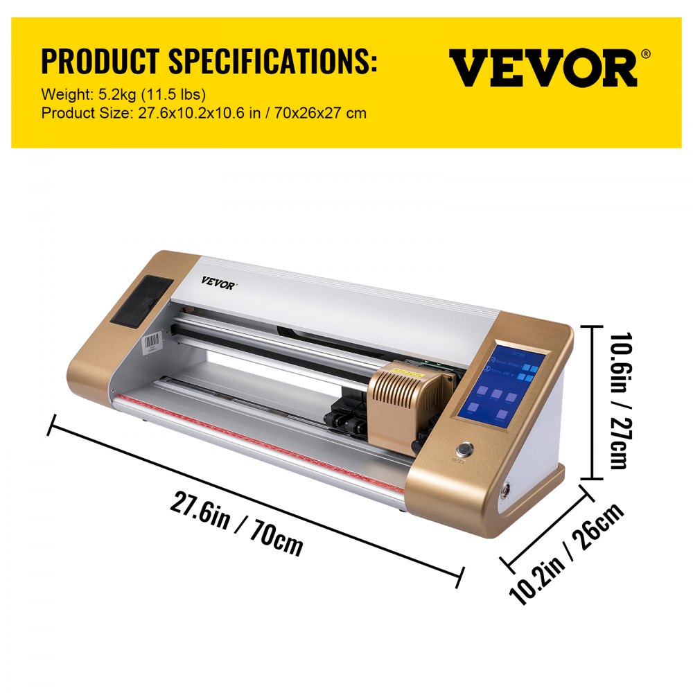 White Bostome 18-inch vinyl cutter plotter with gold accents, digital display, and dimension labels.