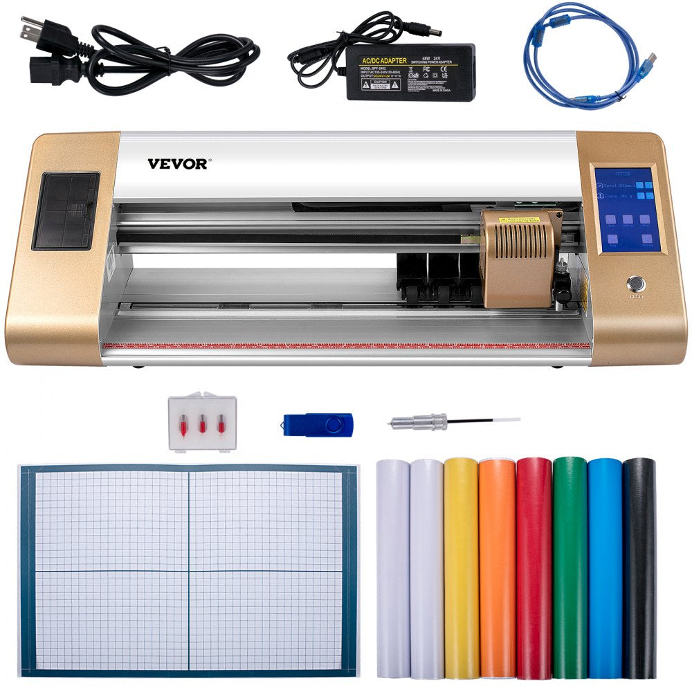 Bostome 18in vinyl cutter plotter with automatic camera, blades, mat, and colorful vinyl rolls.