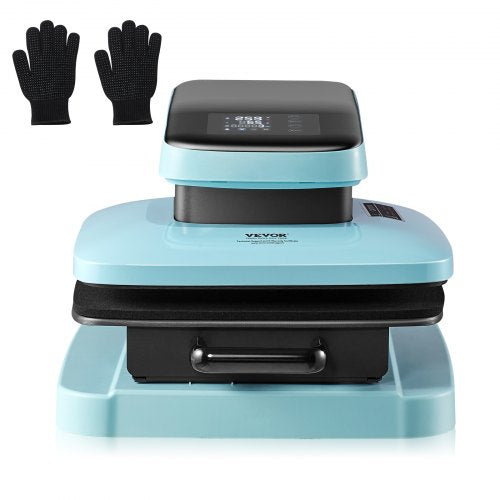 Bostome 15x15 inch auto heat press machine in blue with black base and two heat-resistant gloves.
