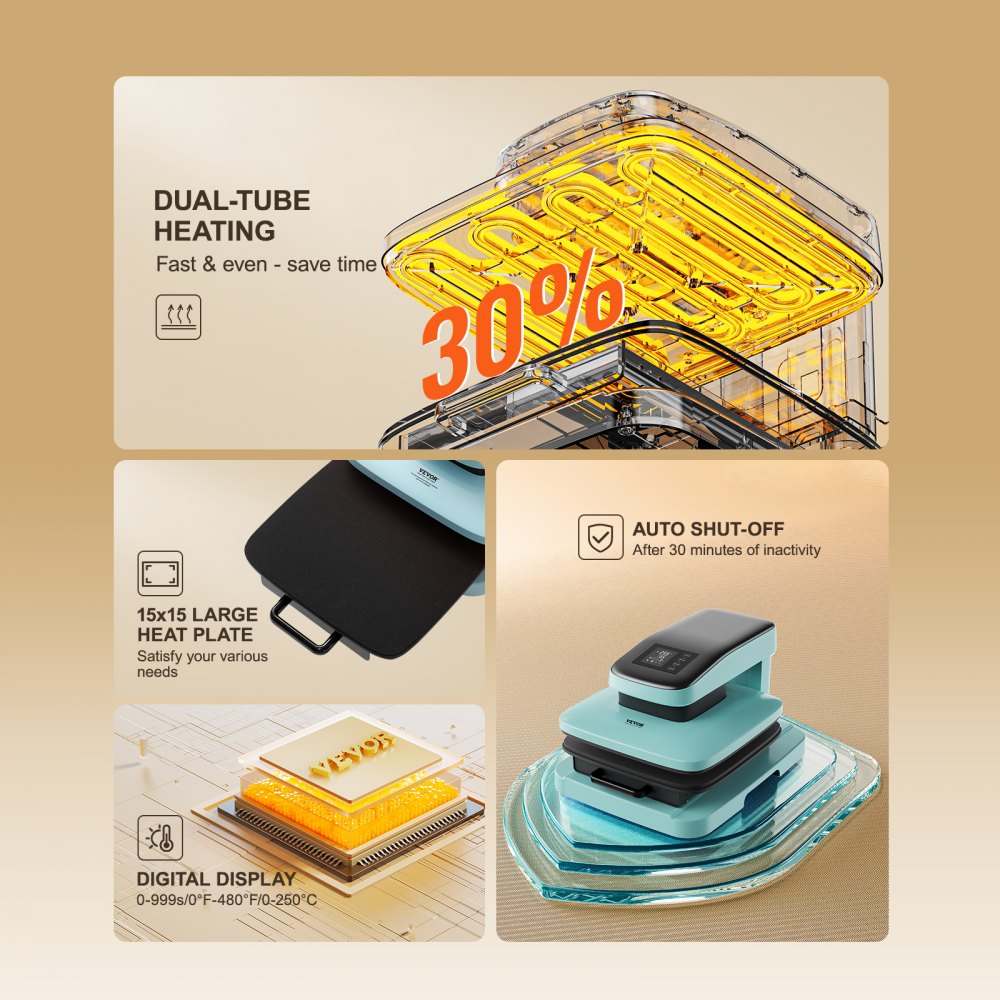 Bostome 15x15 Auto Heat Press Machine with dual-tube heating and digital display panel