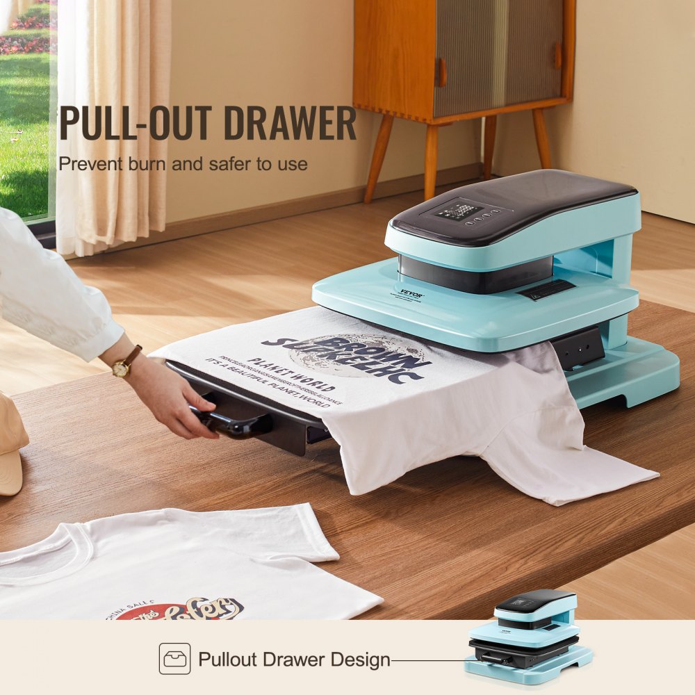 A blue 15x15-inch auto heat press machine with pull-out drawer, pressing a white t-shirt.