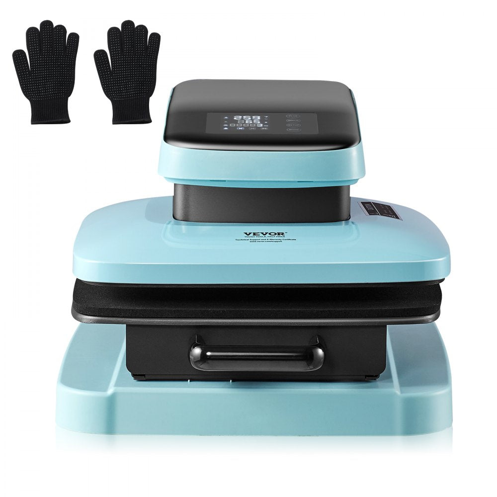 Blue Bostome 15x15 inch auto heat press machine with digital display and black heat-resistant gloves.