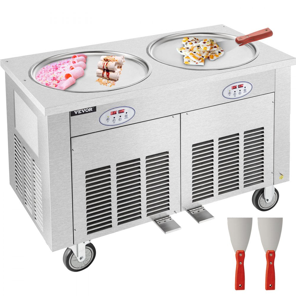 Commercial Rolled Ice Cream Machine, 1800W Stir-Fried Ice Roll Machine Double Pans, Stainless Steel Ice Cream Roll Machine w/ 17.7" Round Pan, Yogurt Cream Machine for Bars Cafés Dessert Shops