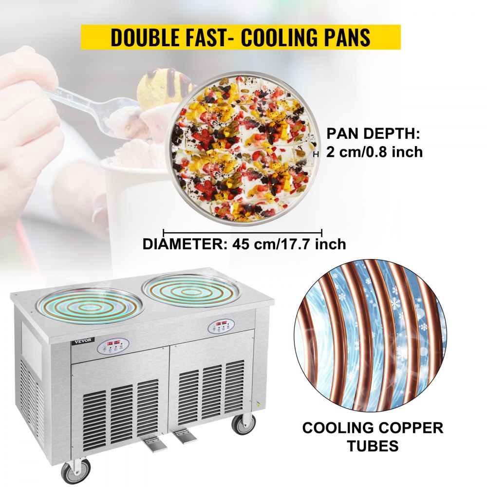 Commercial Rolled Ice Cream Machine, 1800W Stir-Fried Ice Roll Machine Double Pans, Stainless Steel Ice Cream Roll Machine w/ 17.7" Round Pan, Yogurt Cream Machine for Bars Cafés Dessert Shops