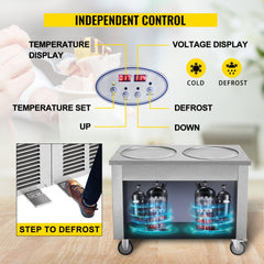 Commercial Rolled Ice Cream Machine, 1800W Stir-Fried Ice Roll Machine Double Pans, Stainless Steel Ice Cream Roll Machine w/ 17.7" Round Pan, Yogurt Cream Machine for Bars Cafés Dessert Shops