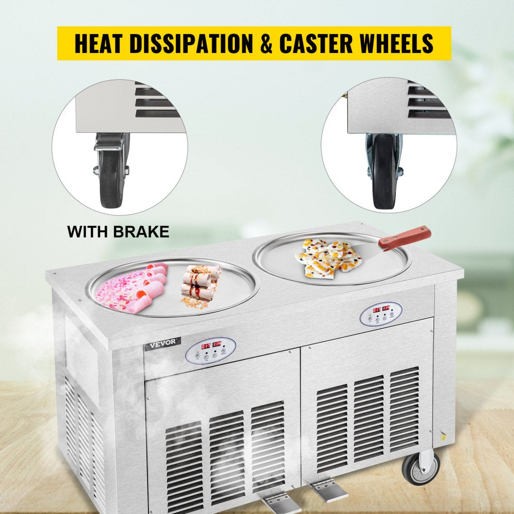 Commercial Rolled Ice Cream Machine, 1800W Stir-Fried Ice Roll Machine Double Pans, Stainless Steel Ice Cream Roll Machine w/ 17.7" Round Pan, Yogurt Cream Machine for Bars Cafés Dessert Shops