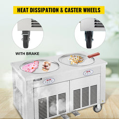 Commercial Rolled Ice Cream Machine, 1800W Stir-Fried Ice Roll Machine Double Pans, Stainless Steel Ice Cream Roll Machine w/ 17.7" Round Pan, Yogurt Cream Machine for Bars Cafés Dessert Shops