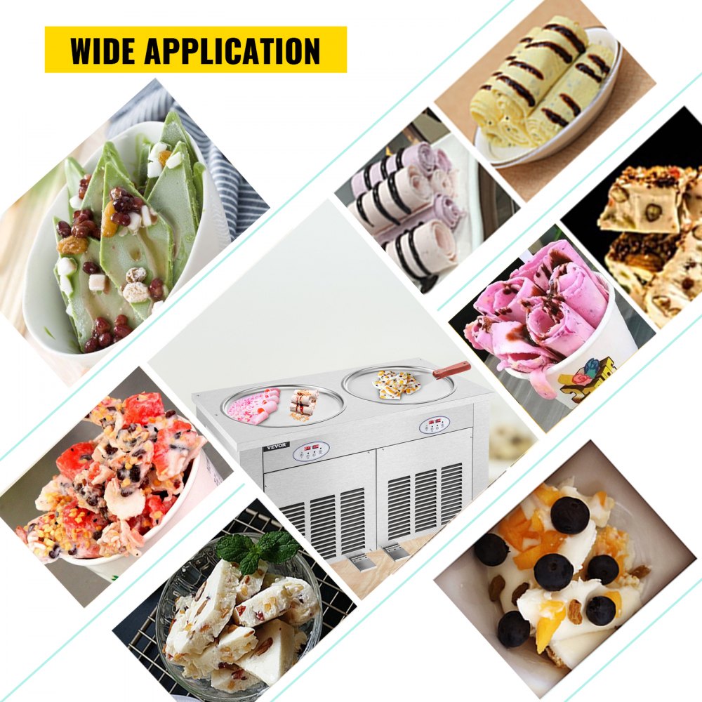 Commercial Rolled Ice Cream Machine, 1800W Stir-Fried Ice Roll Machine Double Pans, Stainless Steel Ice Cream Roll Machine w/ 17.7" Round Pan, Yogurt Cream Machine for Bars Cafés Dessert Shops