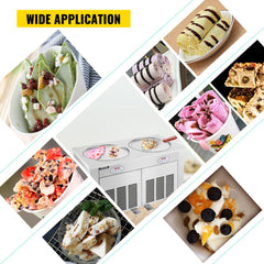 Commercial Rolled Ice Cream Machine, 1800W Stir-Fried Ice Roll Machine Double Pans, Stainless Steel Ice Cream Roll Machine w/ 17.7" Round Pan, Yogurt Cream Machine for Bars Cafés Dessert Shops