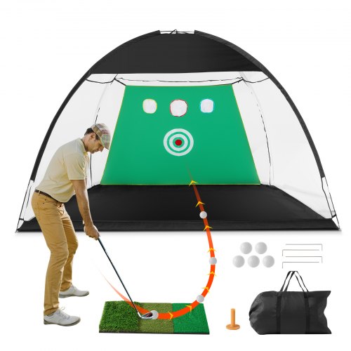 A golfer practices their swing into a large golf net with a target, golf balls, and accessories.