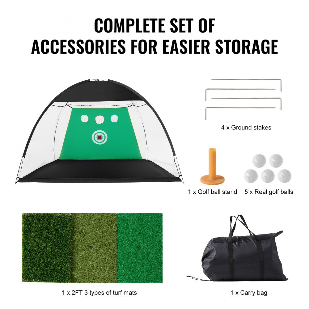 A golf practice net kit with a net, turf mats, golf balls, tee, stakes, and a carry bag.