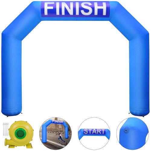 15ft blue inflatable hexagon arch with "FINISH" banner and blower.