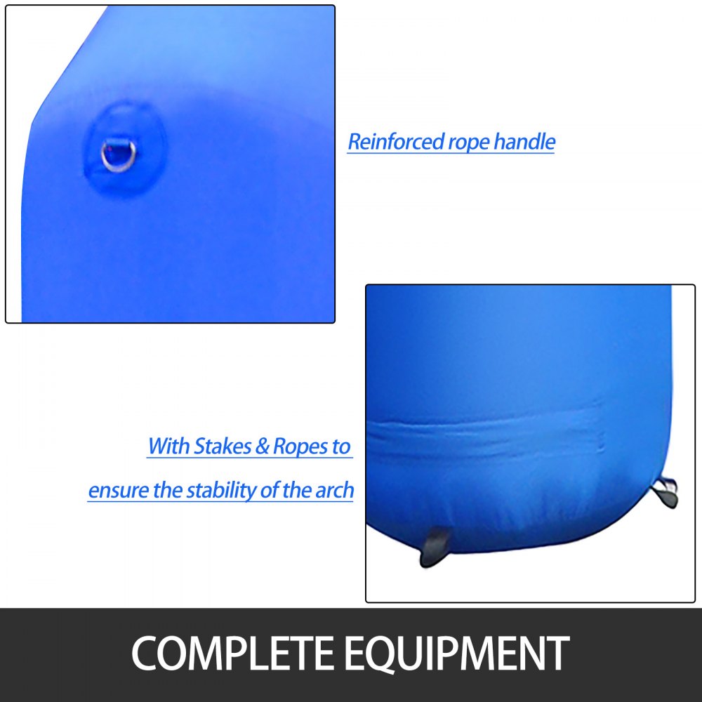 Blue 15ft hexagon inflatable arch with blower, stakes, ropes, and reinforced handles.