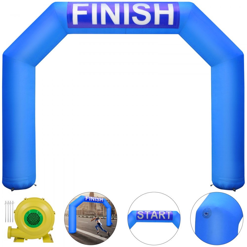 15ft blue inflatable hexagon arch with "FINISH" sign and included blower.