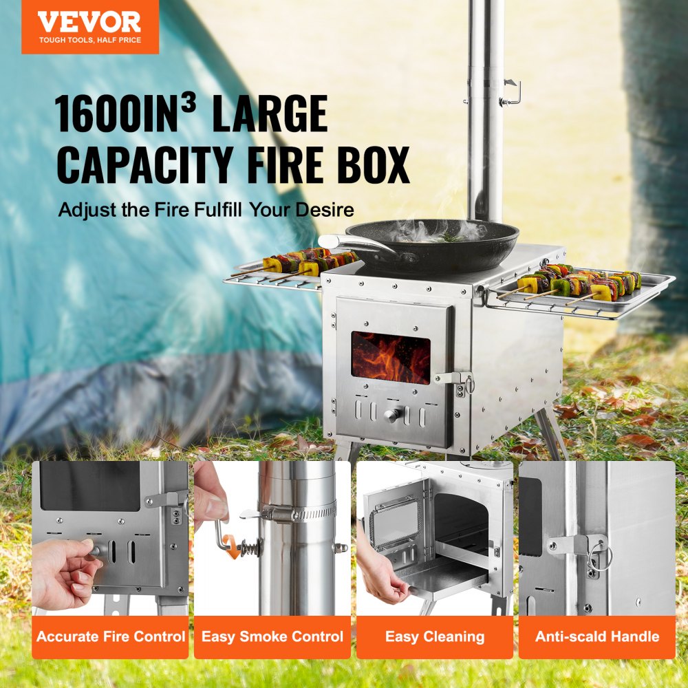 Wood Stove, 86 inch, Stainless Steel Camping Tent Stove, Portable Wood Burning Stove with Chimney Pipes & Gloves, 3000in³Firebox Hot Tent Stove for Outdoor Cooking and Heating with 8 Pipes