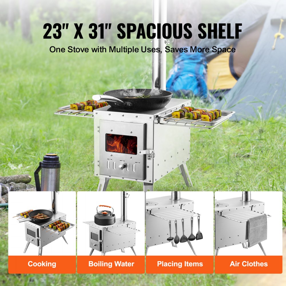 Wood Stove, 86 inch, Stainless Steel Camping Tent Stove, Portable Wood Burning Stove with Chimney Pipes & Gloves, 3000in³Firebox Hot Tent Stove for Outdoor Cooking and Heating with 8 Pipes