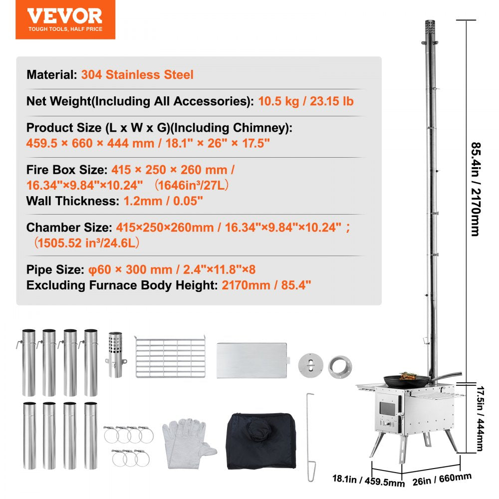 Wood Stove, 86 inch, Stainless Steel Camping Tent Stove, Portable Wood Burning Stove with Chimney Pipes & Gloves, 3000in³Firebox Hot Tent Stove for Outdoor Cooking and Heating with 8 Pipes