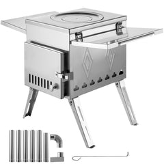Tent Wood Stove 17.5x14.7x10.6 inch, Camping Wood Stove 304 Stainless Steel With Folding Pipe, Portable Wood Stove 95.7 inch Total Height For Camping, Tent Heating, Hunting, Outdoor Cooking