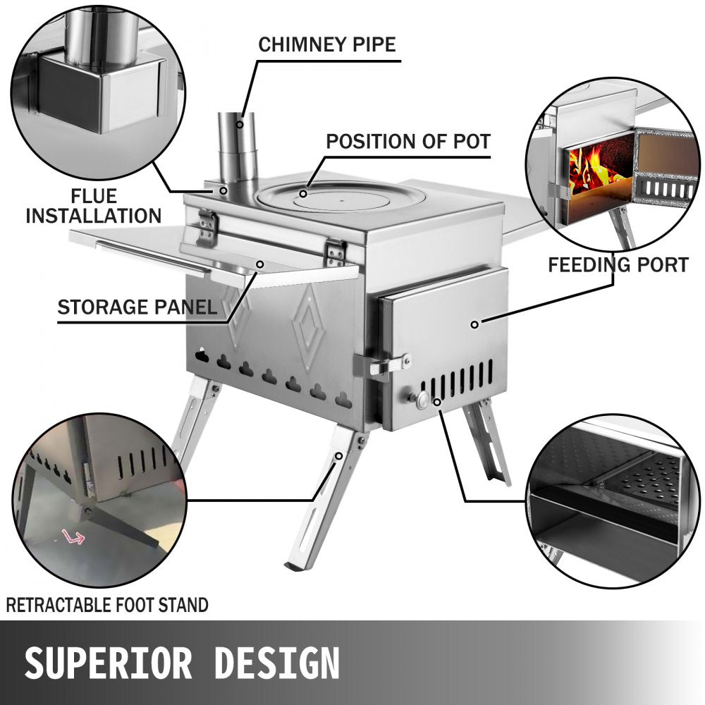 Tent Wood Stove 17.5x14.7x10.6 inch, Camping Wood Stove 304 Stainless Steel With Folding Pipe, Portable Wood Stove 95.7 inch Total Height For Camping, Tent Heating, Hunting, Outdoor Cooking