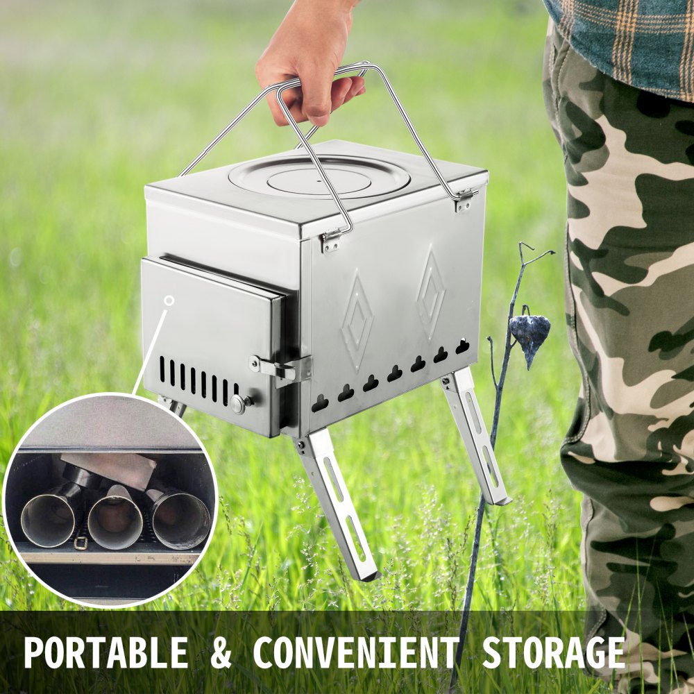 Tent Wood Stove 17.5x14.7x10.6 inch, Camping Wood Stove 304 Stainless Steel With Folding Pipe, Portable Wood Stove 95.7 inch Total Height For Camping, Tent Heating, Hunting, Outdoor Cooking