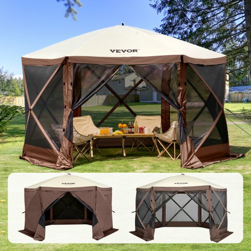 A brown and beige pop-up screen tent with privacy cloths set up in a grassy yard.