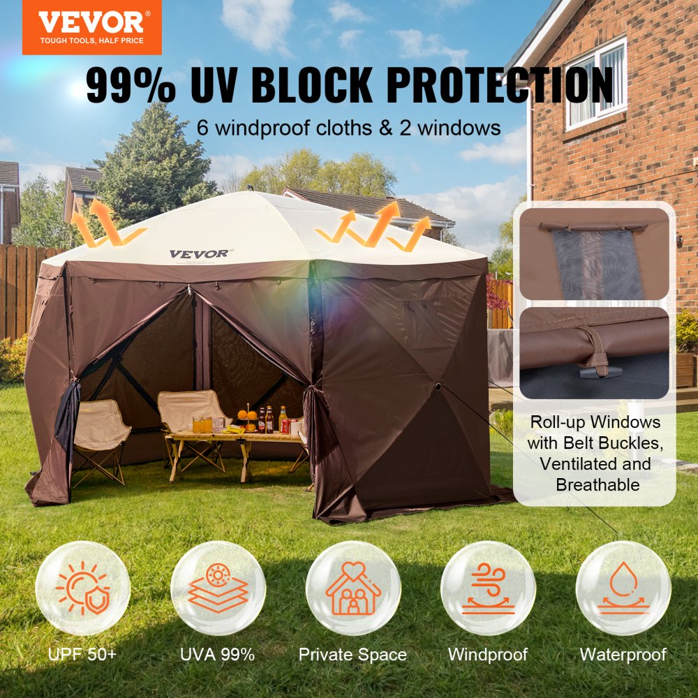 Brown 12.5x12.5FT pop-up screen tent with privacy cloths, mesh windows, chairs, and table in a grassy yard.