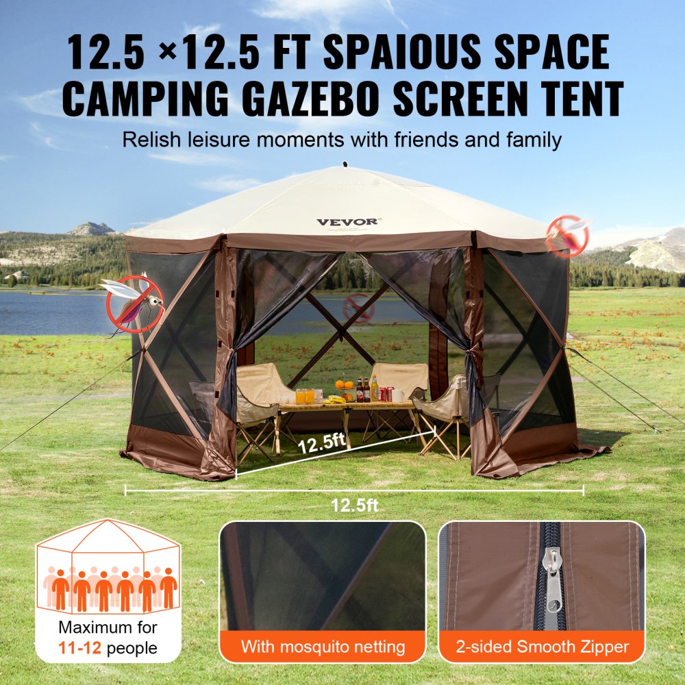 Brown Bostome 12.5x12.5 ft pop-up screen tent with privacy cloths and mesh walls.