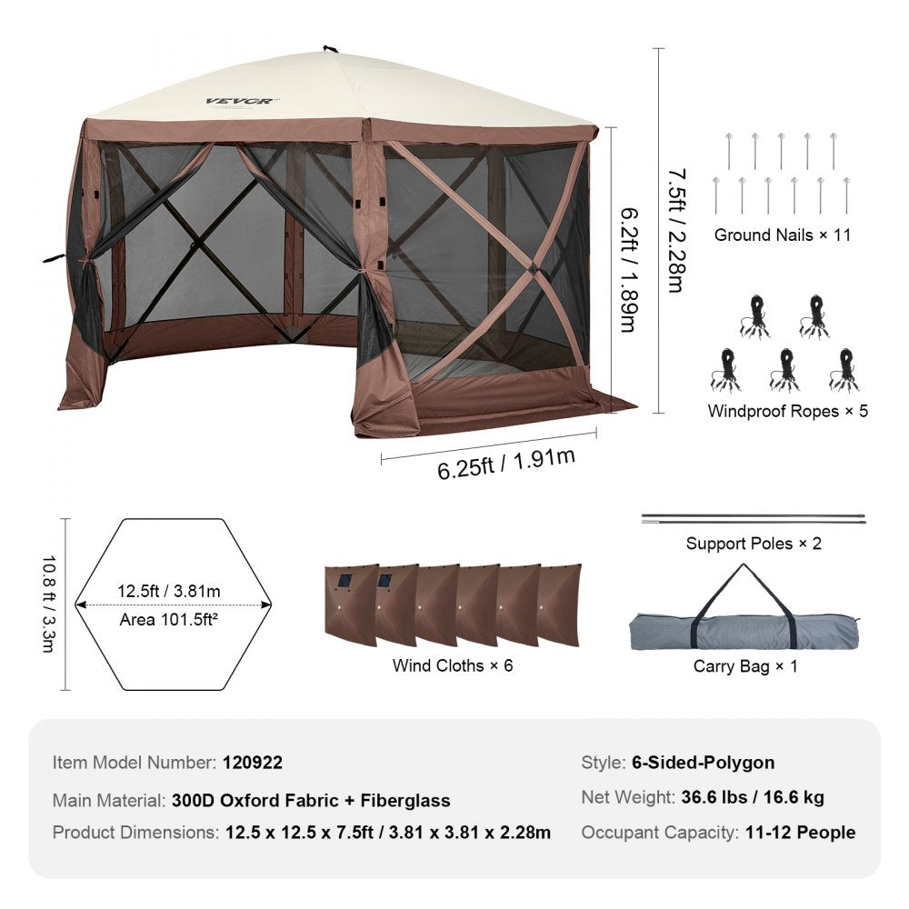 Brown 12.5x12.5 ft pop-up screen tent with privacy cloths and fiberglass frame.