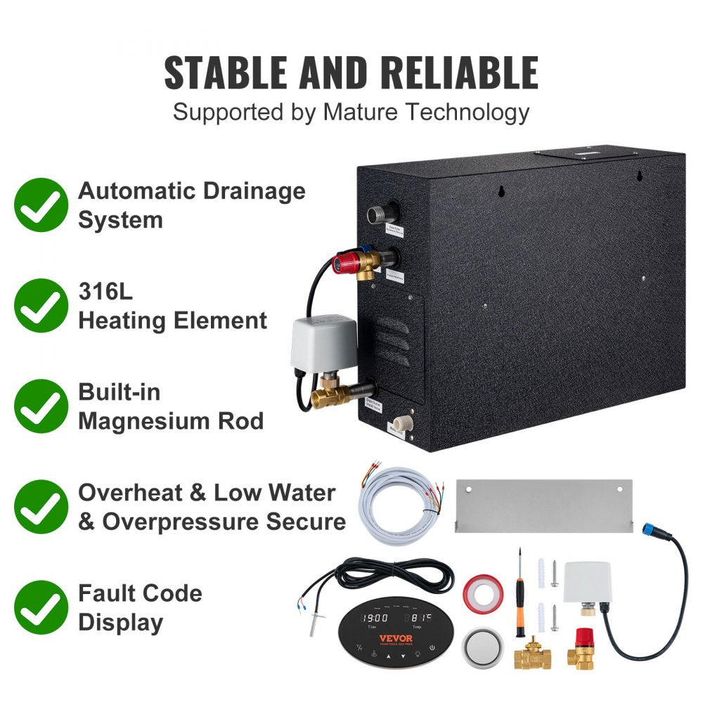 Steam Shower Generator, 10.5 kW, Segmented Heating & Temperature Customization & 24h Timer Steam Bath Kit, Automatic Drainage Luxury Home Steam Shower System, Acrylic Room Max. 355 Cu. Ft.