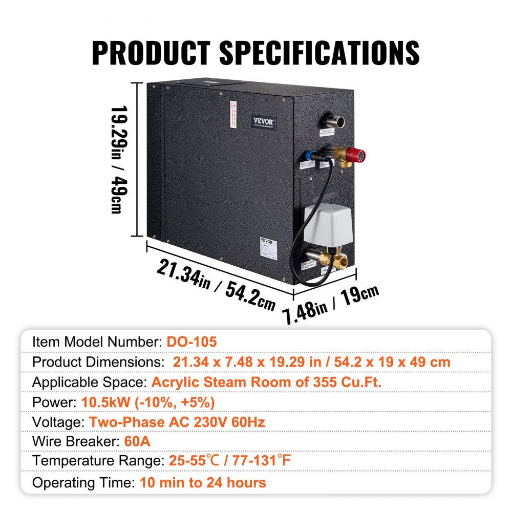 Steam Shower Generator, 10.5 kW, Segmented Heating & Temperature Customization & 24h Timer Steam Bath Kit, Automatic Drainage Luxury Home Steam Shower System, Acrylic Room Max. 355 Cu. Ft.