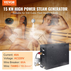 Steam Shower Generator, 15 kW, Segmented Heating & Temperature Customization & 24h Timer Steam Bath Kit, Automatic Drainage Luxury Home Steam Shower System, Acrylic Room Max. 530 Cu. Ft.