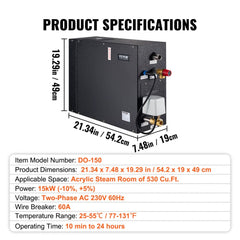 Steam Shower Generator, 15 kW, Segmented Heating & Temperature Customization & 24h Timer Steam Bath Kit, Automatic Drainage Luxury Home Steam Shower System, Acrylic Room Max. 530 Cu. Ft.