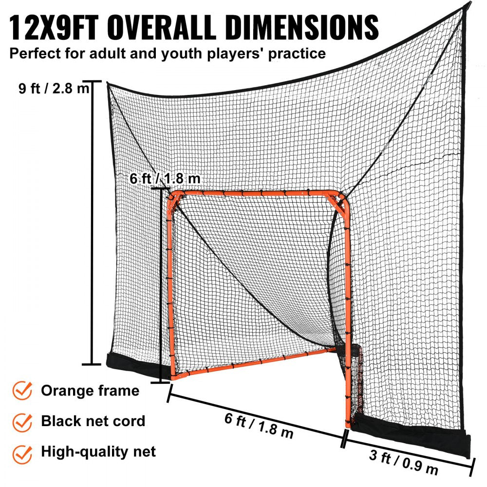 Hockey and Lacrosse Goal Backstop with Extended Coverage, 12` x 9` Lacrosse Net, Complete Accessories Training Net, Quick Easy Setup Backyard Lacrosse Equipment, Perfect for Youth Adult Training
