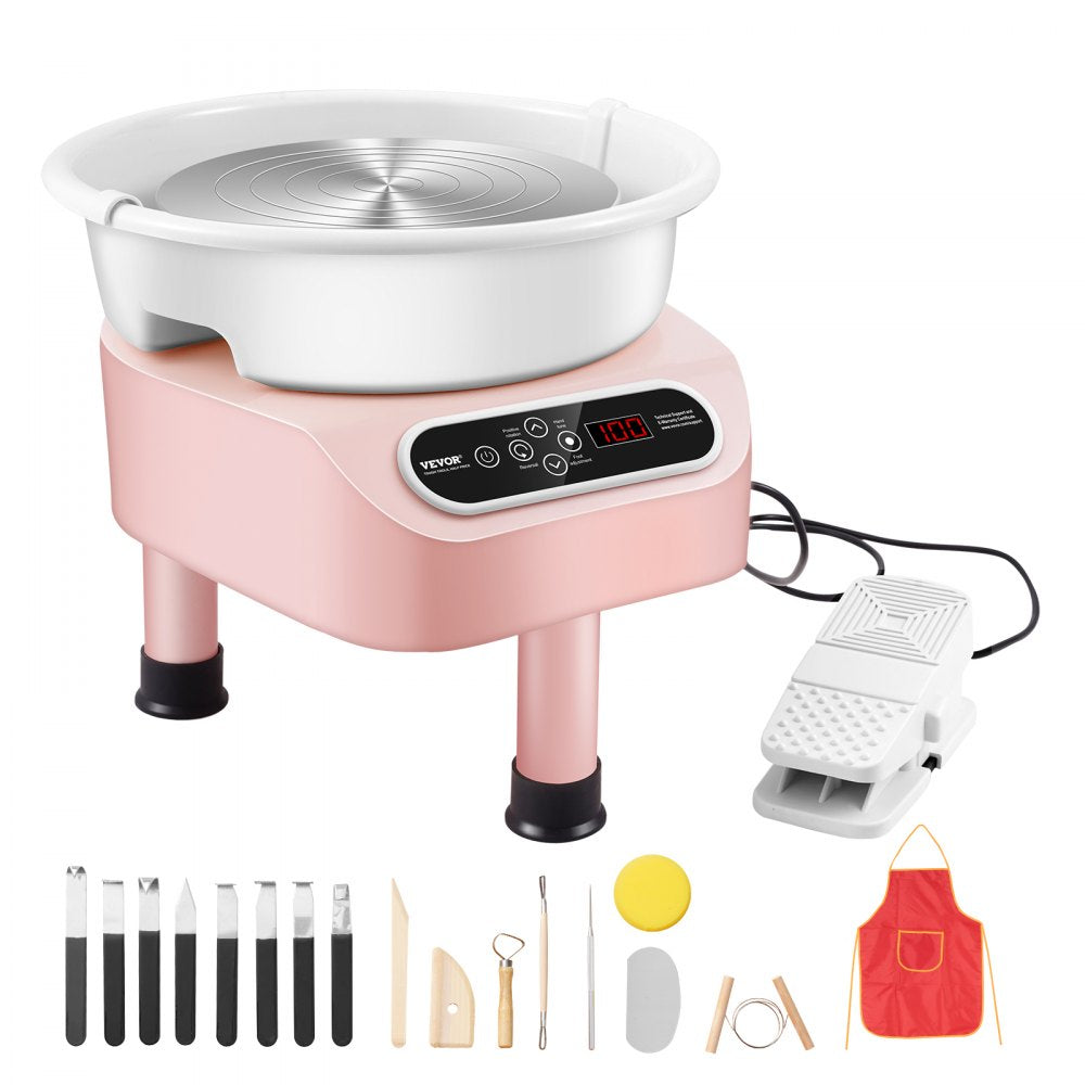 Pink Bostome 350W electric pottery wheel with LCD touch screen and foot pedal.